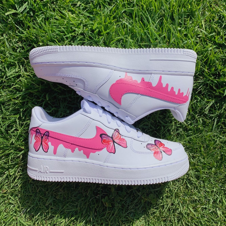 Custom Air Force 1 Shoes Pink Butterfly Drip Style