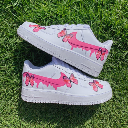 Custom Air Force 1 Shoes Pink Butterfly Drip Style