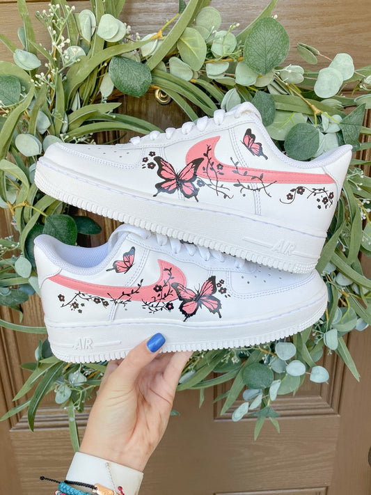 Custom Air Force 1 Shoes Pink Butterfly Drip Style