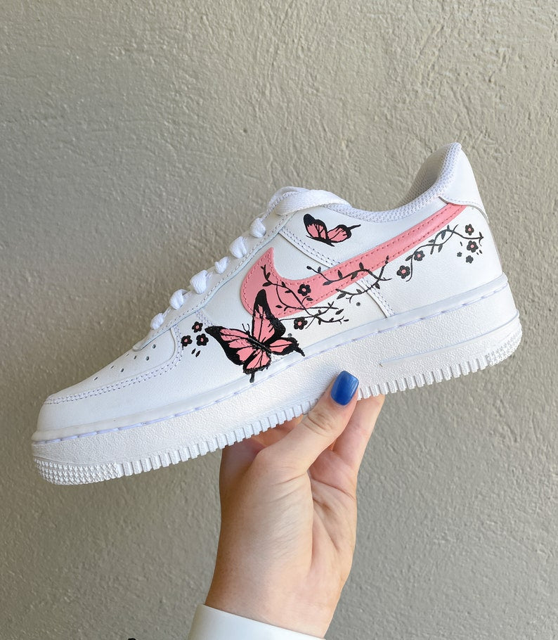 Custom Air Force 1 Shoes Pink Butterfly Drip Style