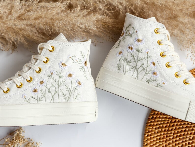 Custom Converse Daisy Flowers Embroidered High Top