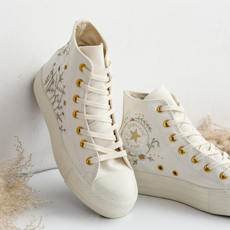 Custom Converse Daisy Flowers Embroidered High Top