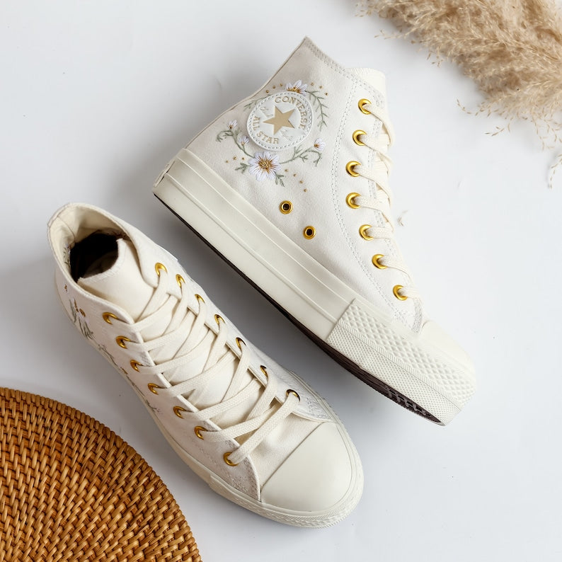 Custom Converse Daisy Flowers Embroidered High Top