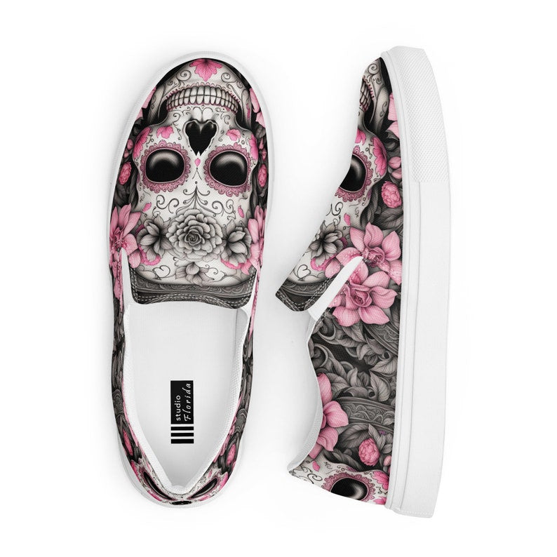 Pink Roses Sugar Skull Women’s Slip-on Canvas Shoes