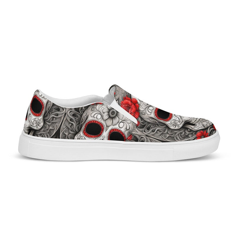 Red Accents Sugar Skull Women’s Slip-on Canvas Shoes