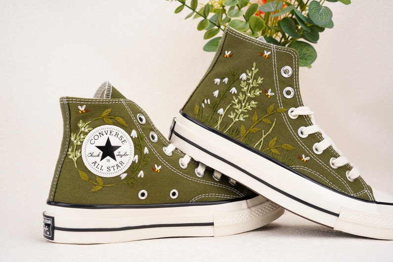 Custom Converse Wedding Bridal Flowers Embroidered High Tops