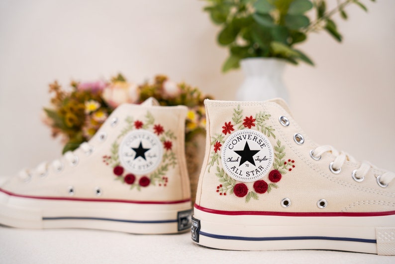 Custom Converse Wedding Bridal Flowers Embroidered High Tops