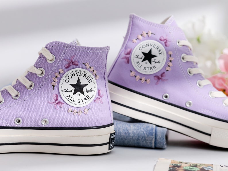 Custom Converse Lavender Flower Embroidered High Tops