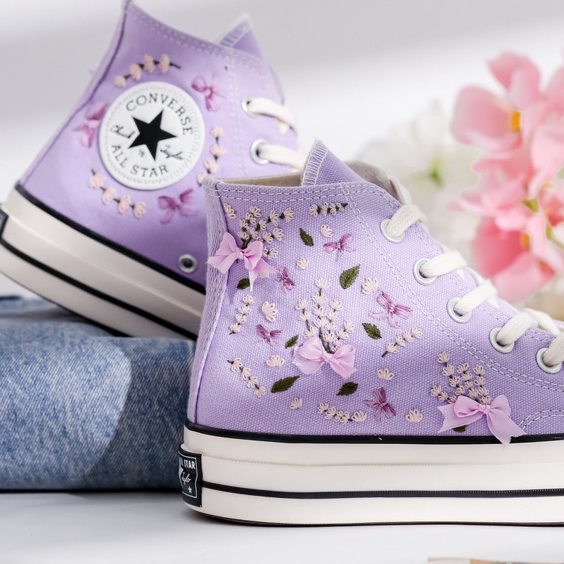 Custom Converse Lavender Flower Embroidered High Tops