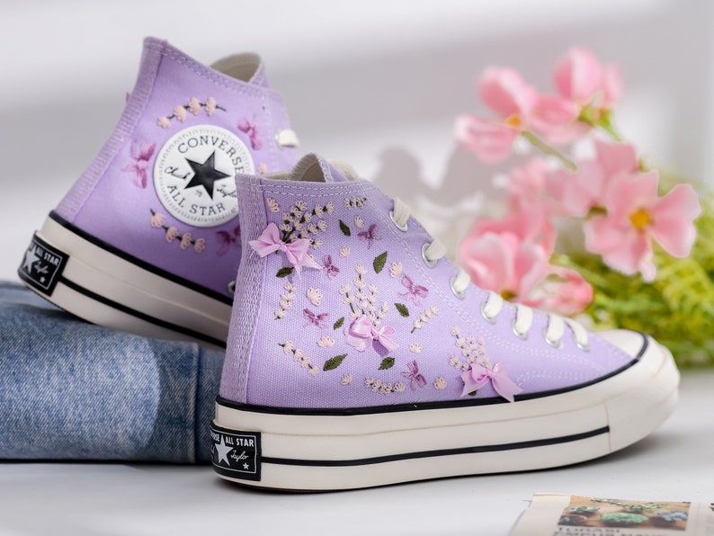 Custom Converse Lavender Flower Embroidered High Tops