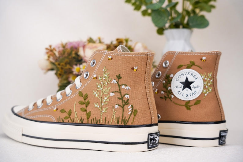 Custom Converse Bridal Flowers Embroidered High Tops