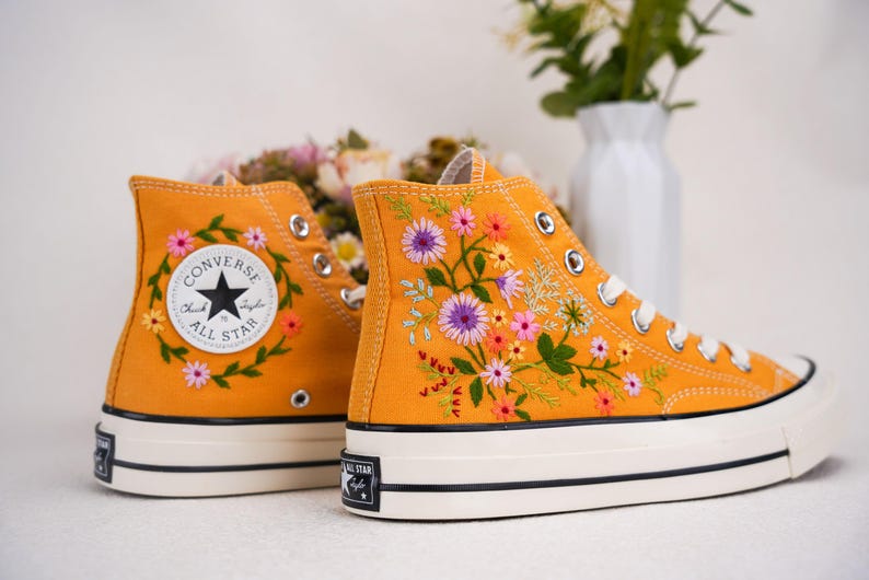 Custom Converse Wedding Flowers Embroidered Shoes Bridal Flowers Embroidered High Tops