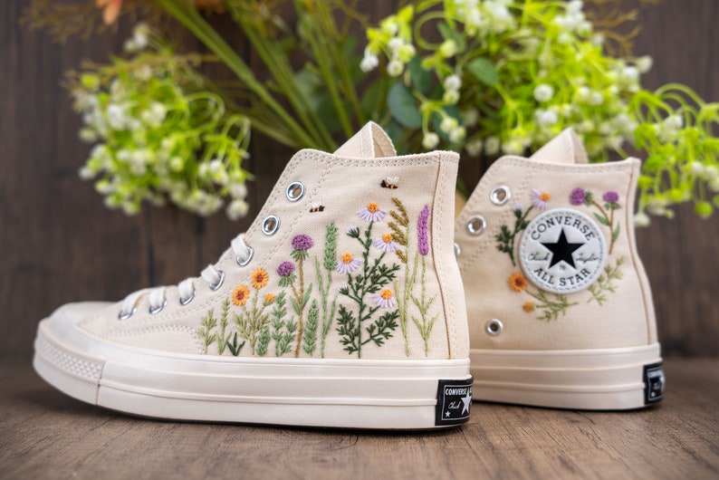 Custom Converse Bridal Flowers Embroidered High Tops