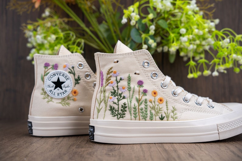 Custom Converse Bridal Flowers Embroidered High Tops