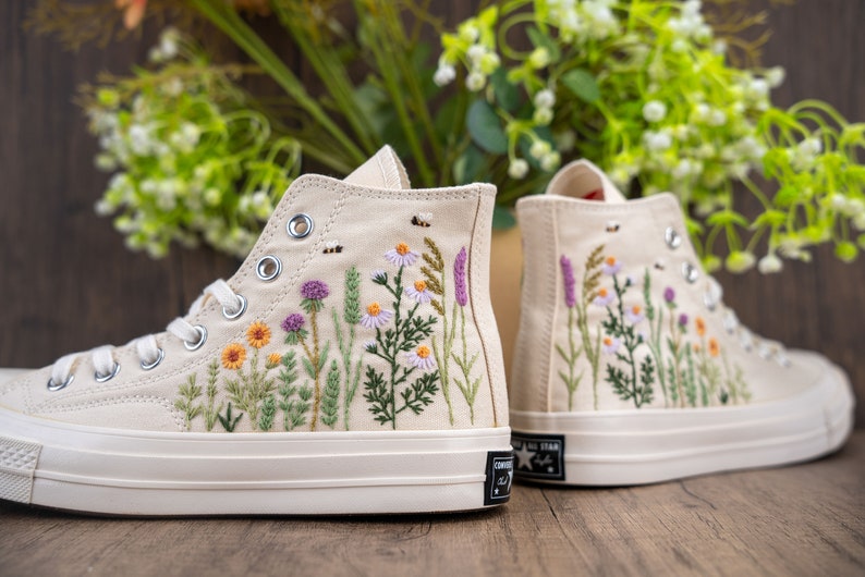 Custom Converse Bridal Flowers Embroidered High Tops
