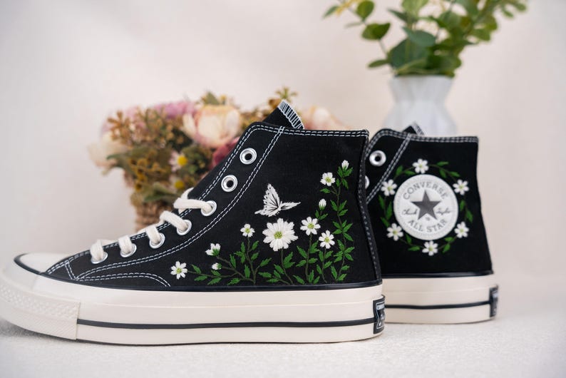 Custom Converse Wedding Bridal Flowers Embroidered High Tops
