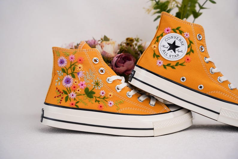 Custom Converse Wedding Flowers Embroidered Shoes Bridal Flowers Embroidered High Tops