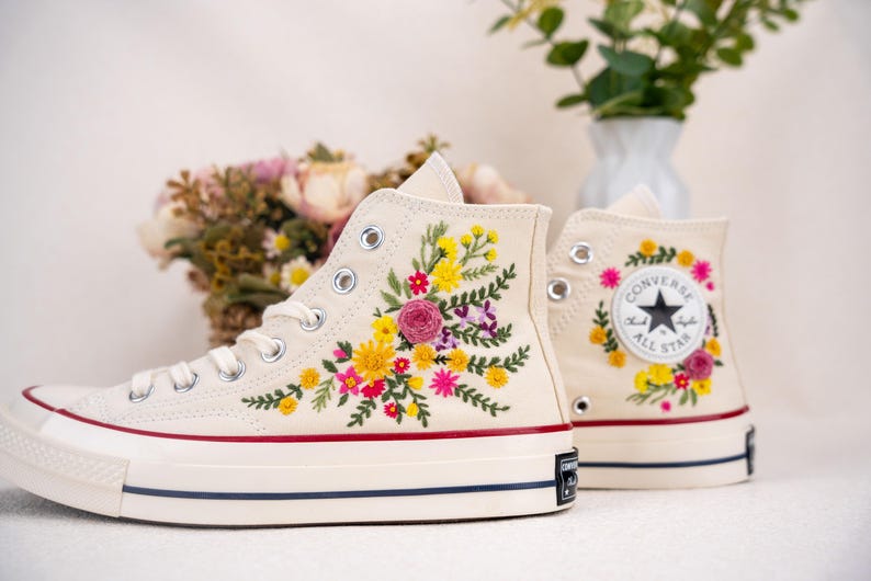 Custom Converse Wedding Bridal Flowers Embroidered High Tops