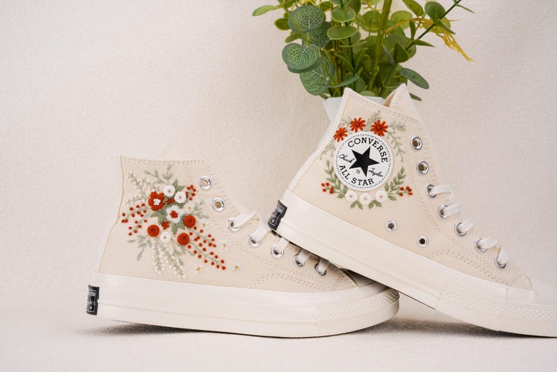 Custom Converse Bridal Flowers in red Embroidered High Tops