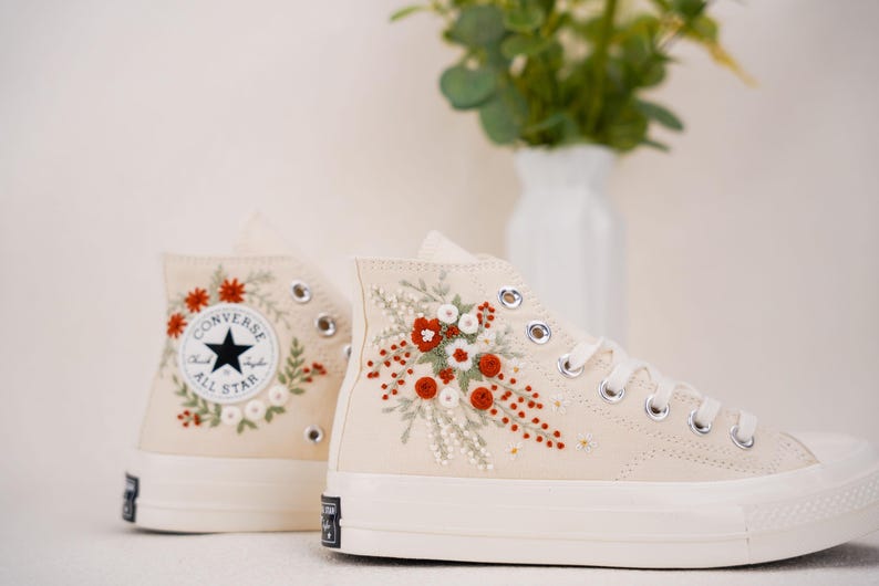 Custom Converse Bridal Flowers in red Embroidered High Tops