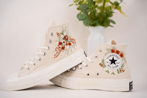 Custom Converse Bridal Flowers in red Embroidered High Tops