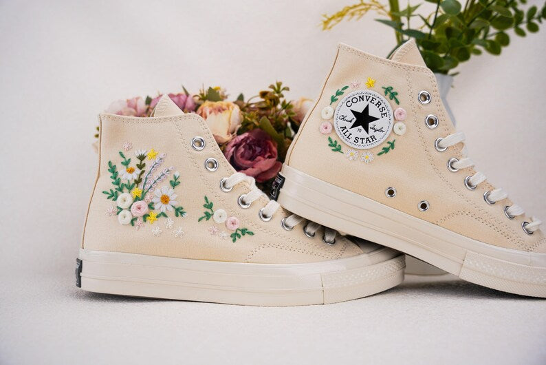 Custom Converse Wedding Bridal Flowers Embroidered High Tops