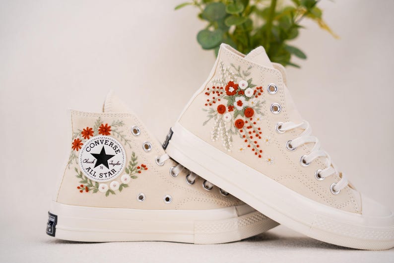 Custom Converse Bridal Flowers in red Embroidered High Tops