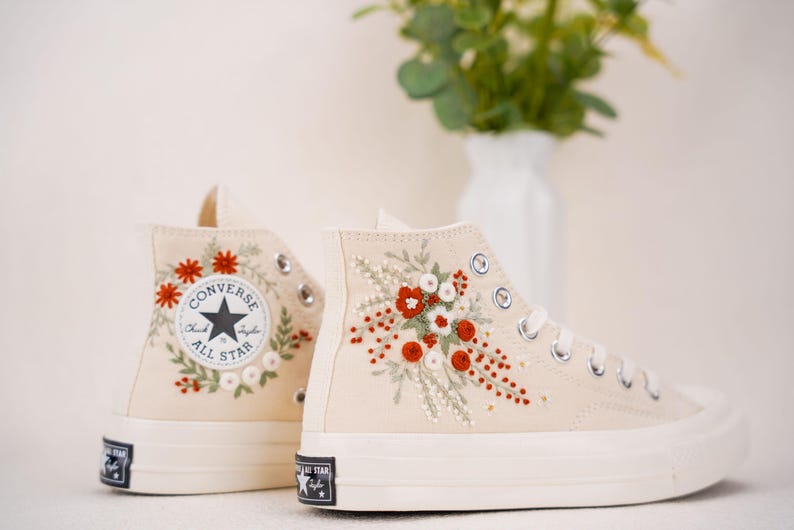 Custom Converse Bridal Flowers in red Embroidered High Tops