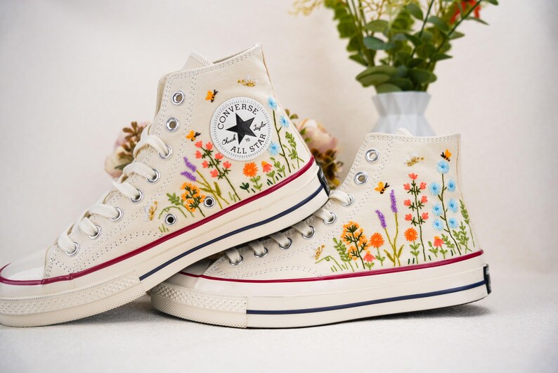 Custom Converse Bridal Flowers Embroidered High Tops