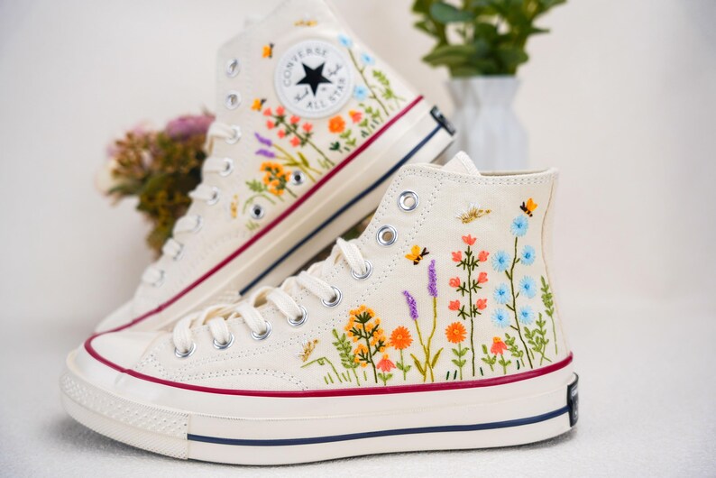 Custom Converse Bridal Flowers Embroidered High Tops