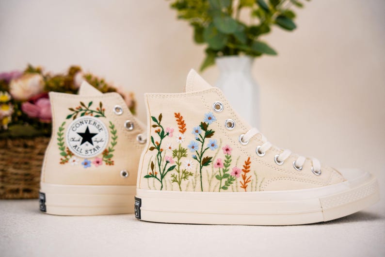 Custom Converse Wedding Flowers Embroidered Shoes Bridal Flowers Embroidered High Tops