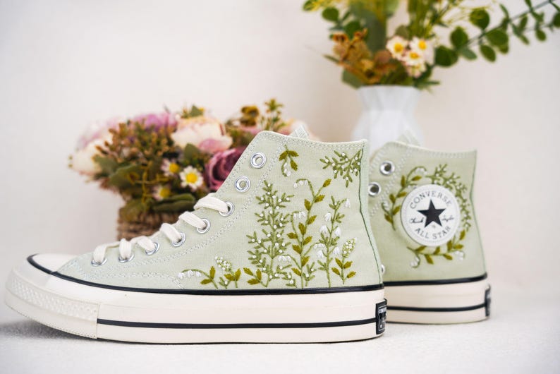 Custom Converse Wedding Flowers Embroidered Shoes Bridal Flowers Embroidered High Tops