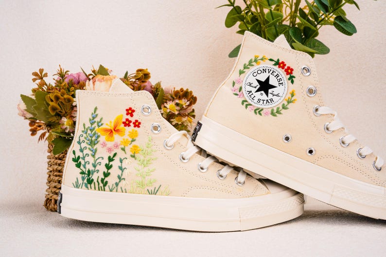 Custom Converse Wedding Bridal Flowers Embroidered High Tops