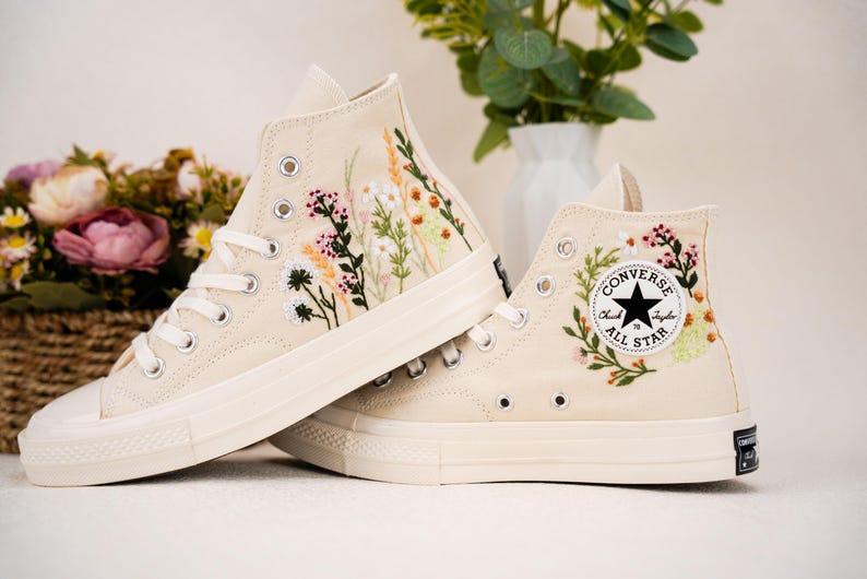 Custom Converse Wedding Bridal Flowers Embroidered High Tops
