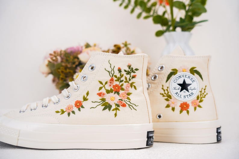Custom Converse Wedding Bridal Flowers Embroidered High Tops