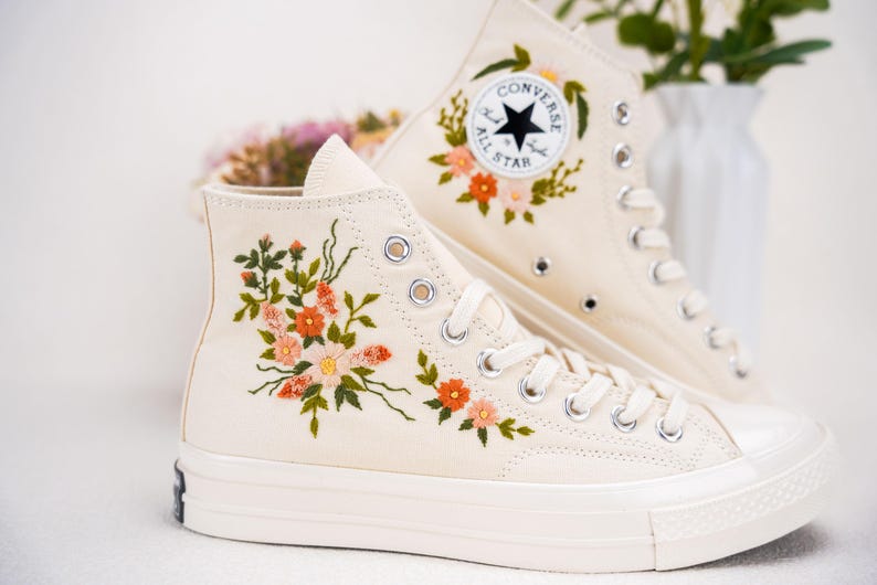 Custom Converse Wedding Bridal Flowers Embroidered High Tops