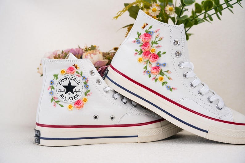 Custom Converse Wedding Flowers Embroidered Shoes Bridal Flowers Embroidered High Tops