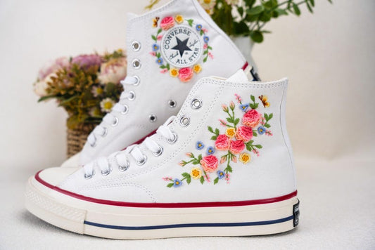 Custom Converse Wedding Flowers Embroidered Shoes Bridal Flowers Embroidered High Tops