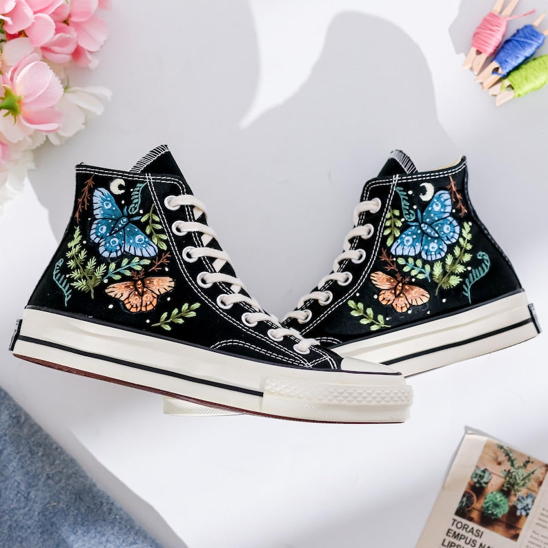 Custom Converse Botanical Butterfly Embroidered High Tops