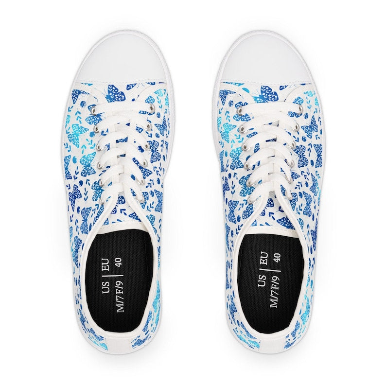 Colorful Women's Low Top Sneaker Blue Butterfly Patterned Sneakers