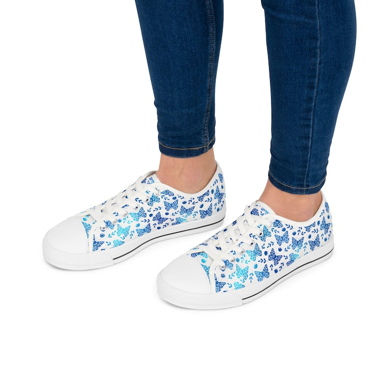 Colorful Women's Low Top Sneaker Blue Butterfly Patterned Sneakers