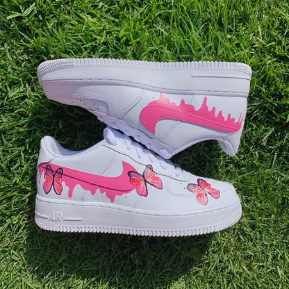 Custom Air Force 1 Shoes Pink Butterfly Drip Style