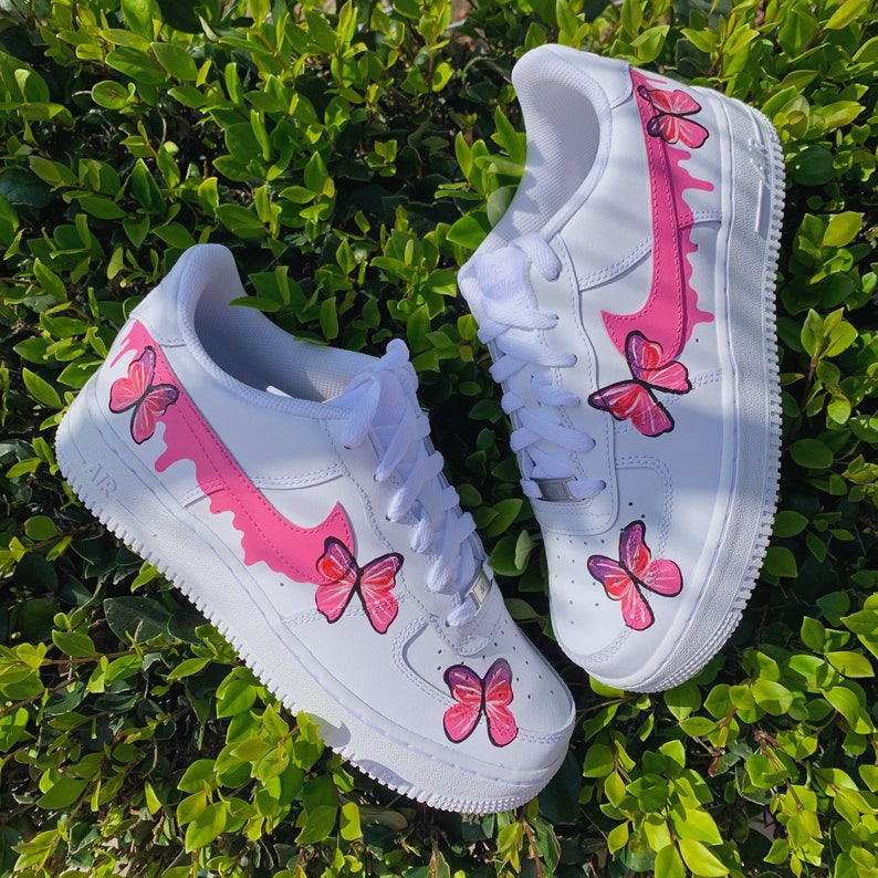 Custom Air Force 1 Shoes Pink Butterfly Drip Style