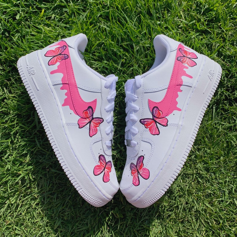 Custom Air Force 1 Shoes Pink Butterfly Drip Style
