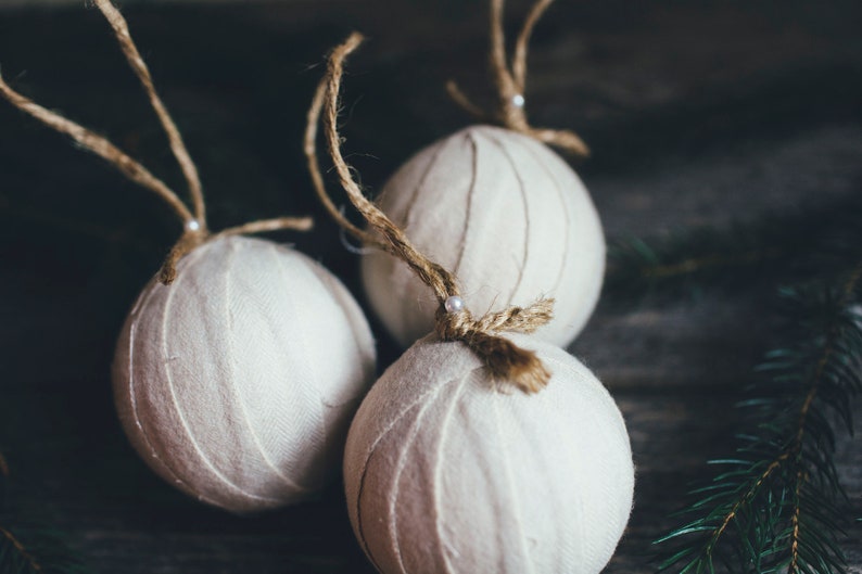 Rustic Beige Flannel Rag Ball Christmas Ornament Set of Three