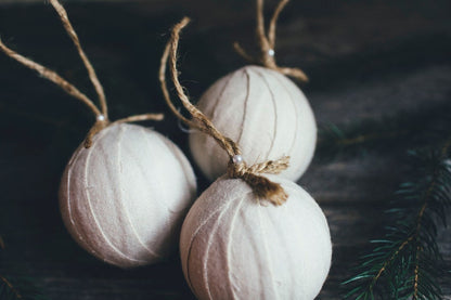 Rustic Beige Flannel Rag Ball Christmas Ornament Set of Three