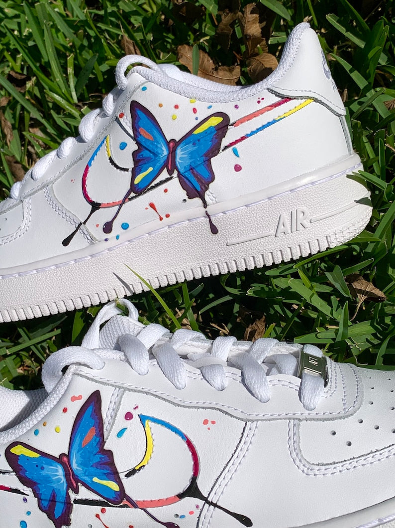 Custom Air Force 1 Shoes Blue Butterfly Drip Style