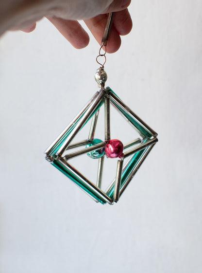 Vintage Geometric Glass Bugle Beads Christmas Ornament Set of 2