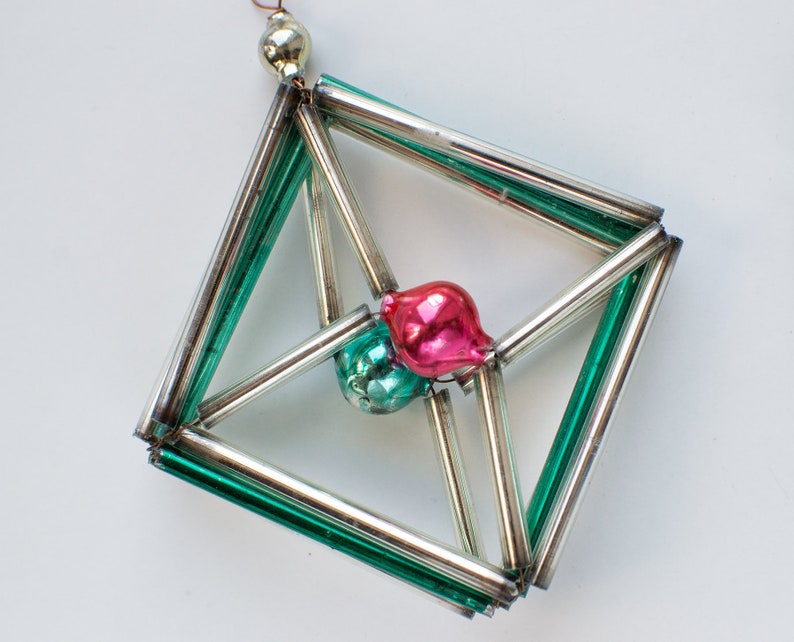 Vintage Geometric Glass Bugle Beads Christmas Ornament Set of 2