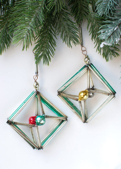 Vintage Geometric Glass Bugle Beads Christmas Ornament Set of 2